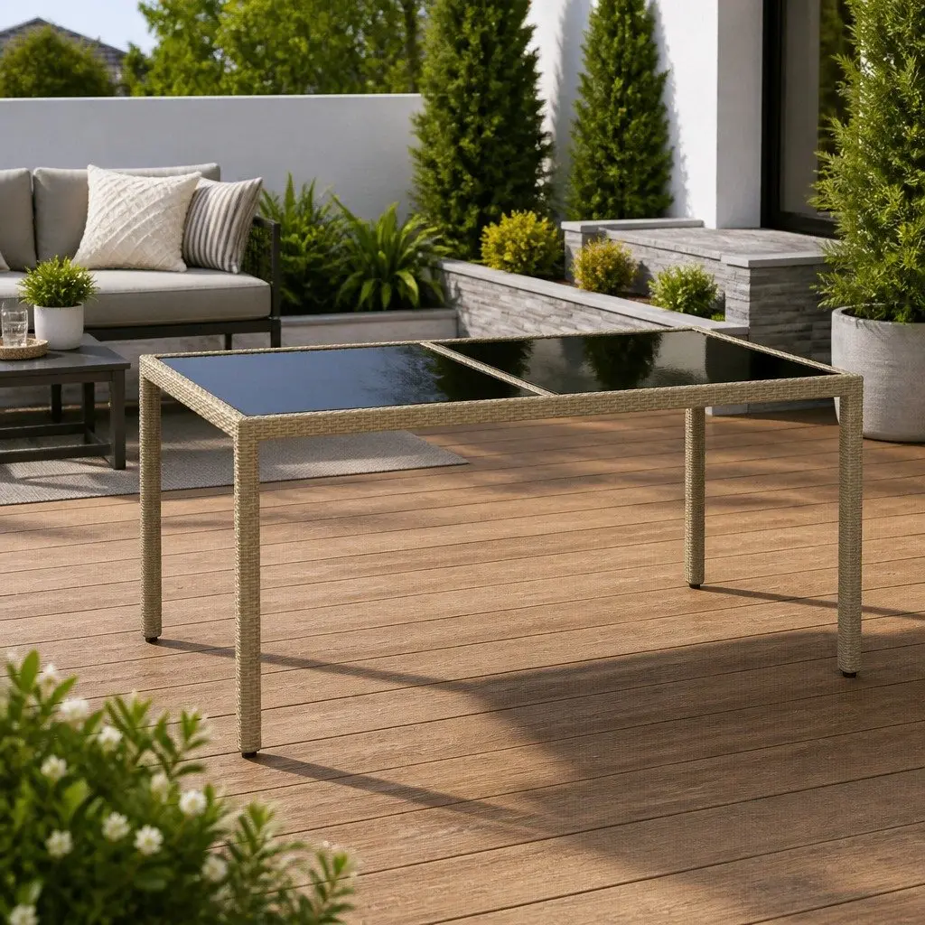 Garden Table Outdoor Patio Furniture 150x90x75cm Tempered Glass Poly Rattan