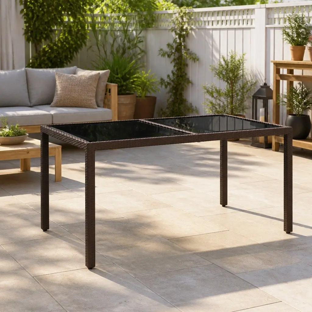 Garden Table Outdoor Patio Furniture 150x90x75cm Tempered Glass Poly Rattan
