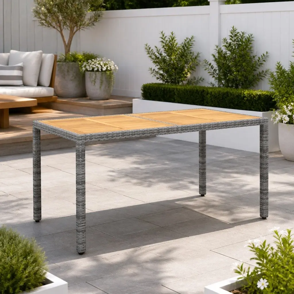 Outdoor Garden Table 150x90x75cm Acacia Wood Poly Rattan Grey Patio Furniture