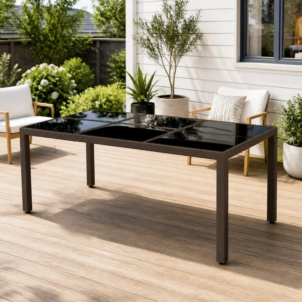 Garden Table Outdoor Patio 190x90x75cm Poly Rattan Brown Tempered Glass