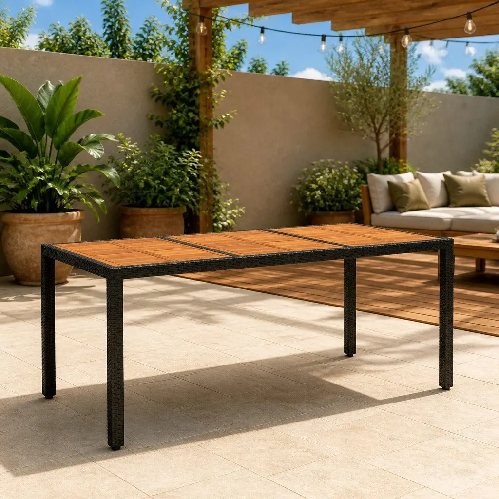 Garden Dining Table Outdoor 190x90cm Acacia Wood Steel Frame Poly Rattan