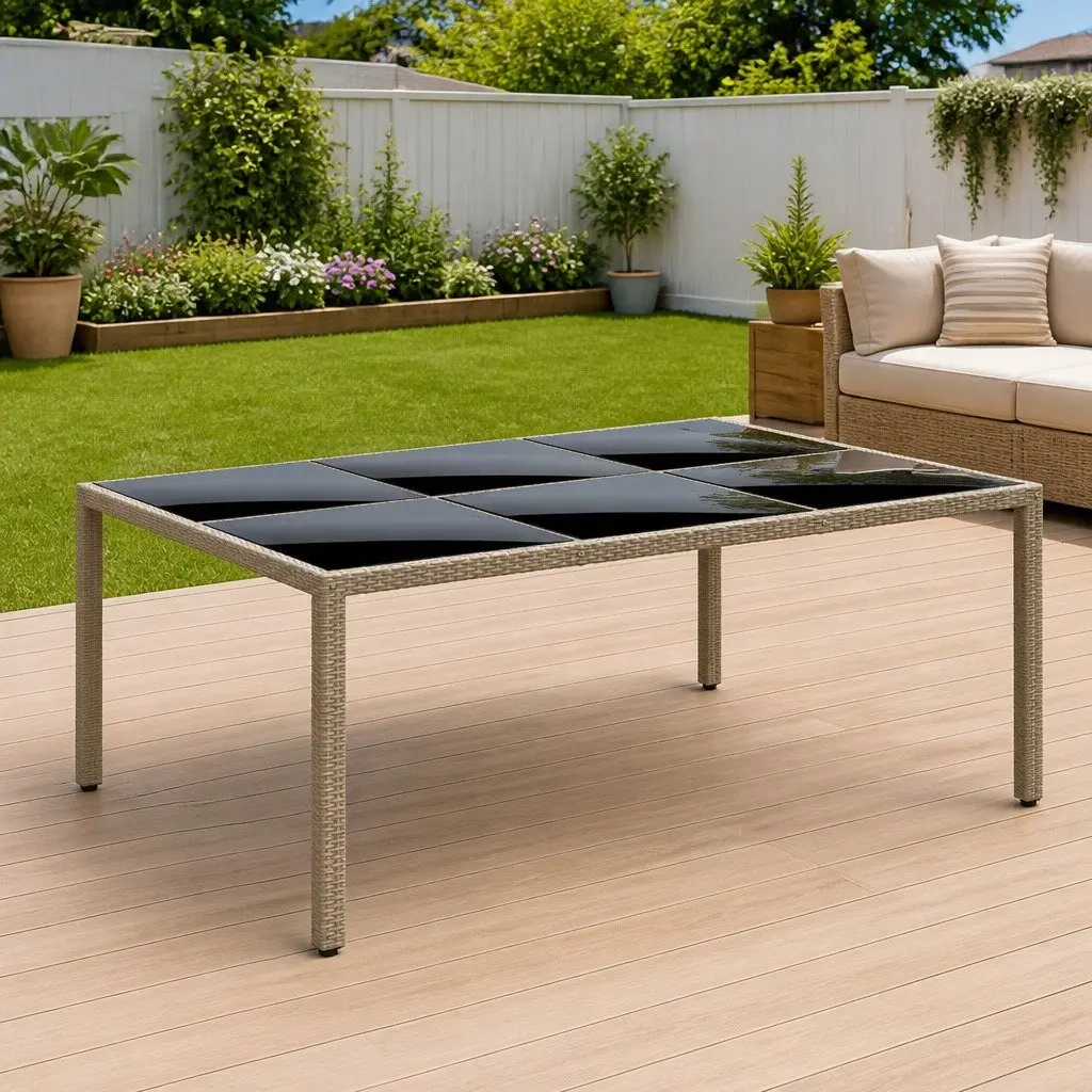 Garden Table for Outdoor Use 200x150cm Tempered Glass Top Poly Rattan Frame