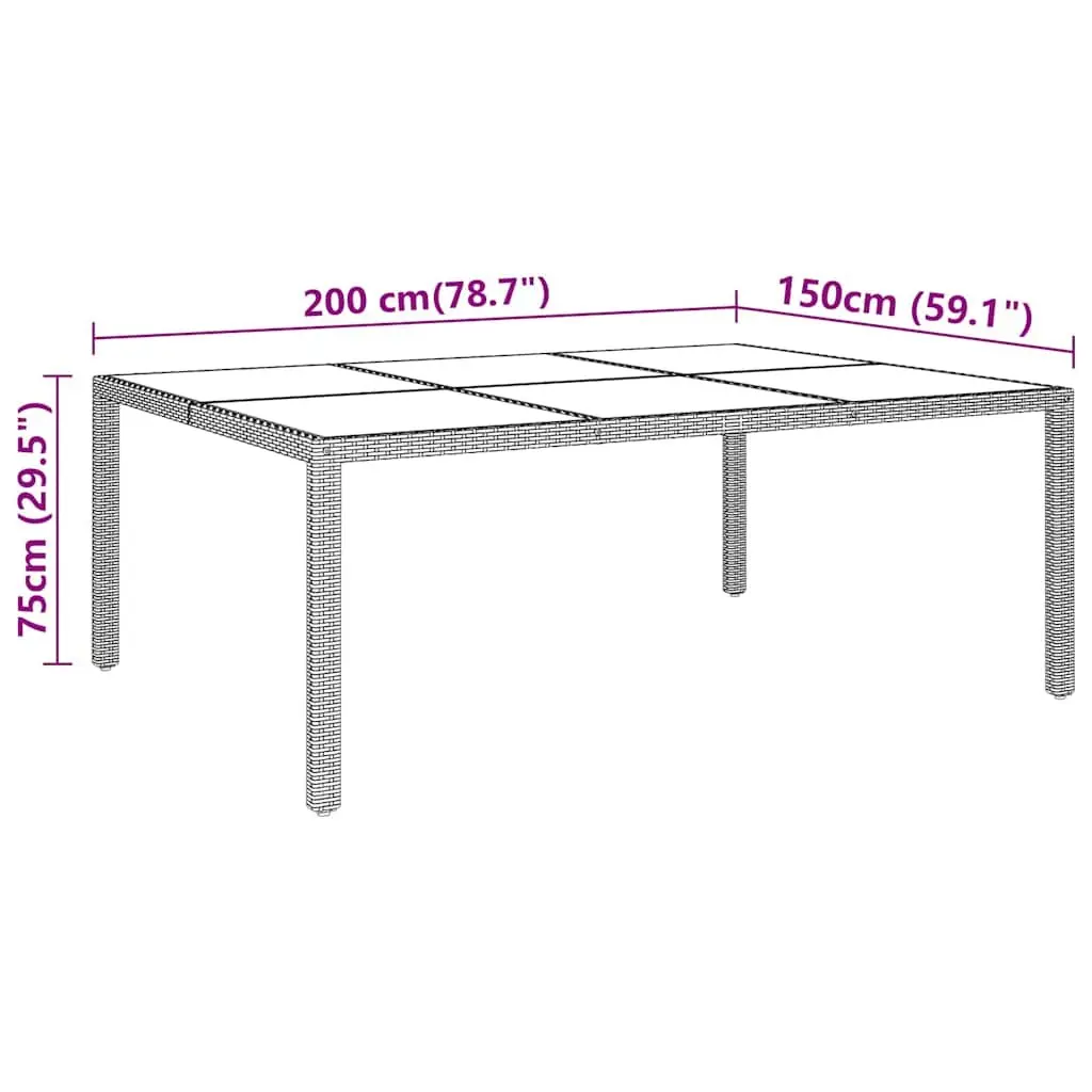 Garden Table for Outdoor Use 200x150cm Tempered Glass Top Poly Rattan Frame