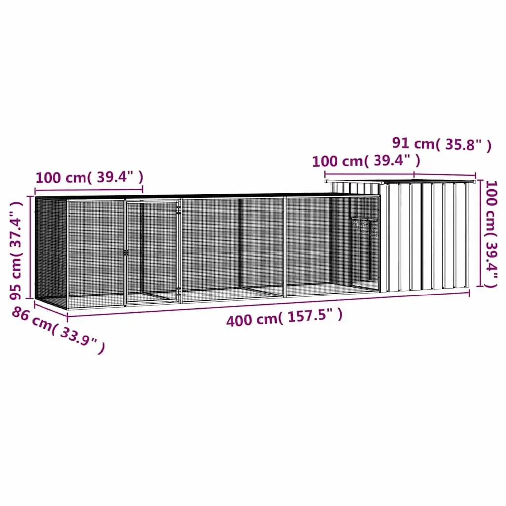 Chicken Cage Grey 400x91x100 cm Small Animal Run Galvanised Steel Outdoor Coop