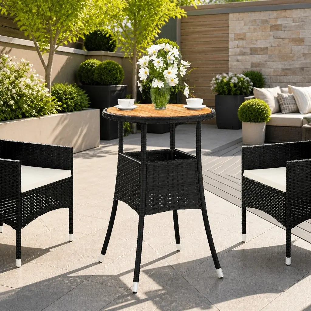 Garden Table Outdoor Patio Ø60x75 cm Acacia Wood Poly Rattan Black