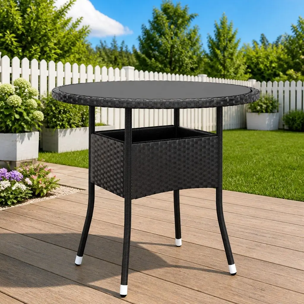 Garden Table Outdoor Patio Tempered Glass Top Poly Rattan Black Round 80cm Dia
