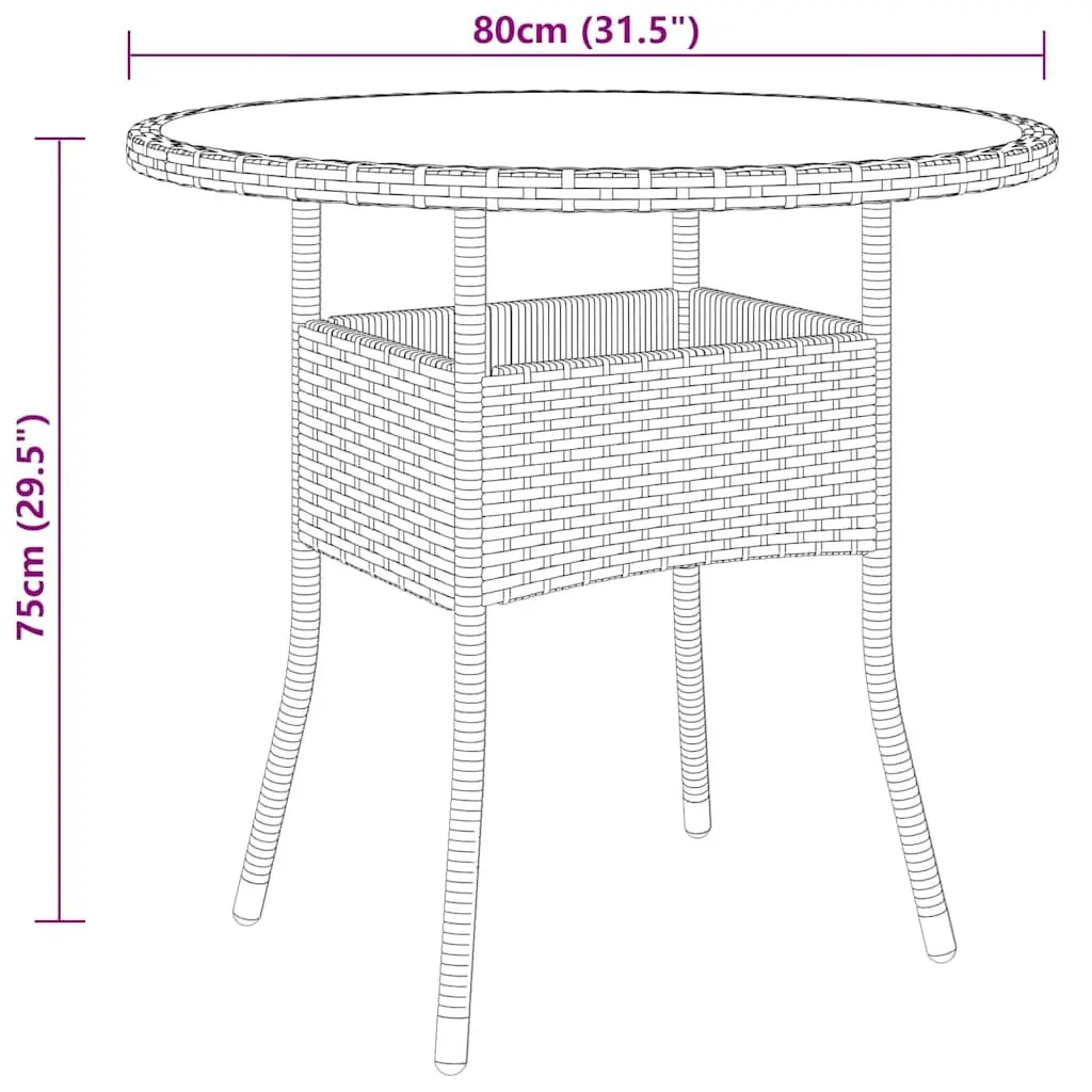 Garden Table Outdoor Patio Tempered Glass Top Poly Rattan Black Round 80cm Dia