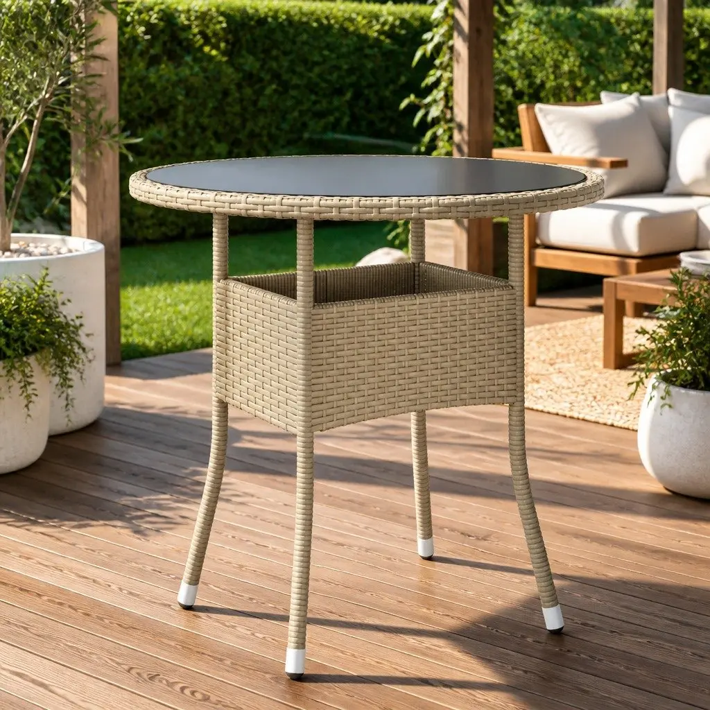 Garden Table Outdoor Patio Ø80cm Tempered Glass Poly Rattan