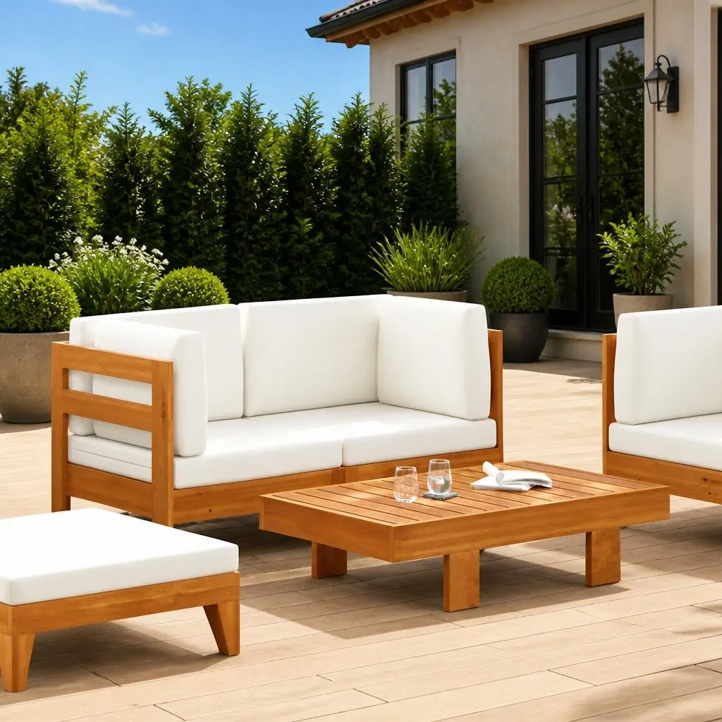 Outdoor Lounge Set Sofa and Table for Garden Cream Cushions Acacia Wood 2 Piece