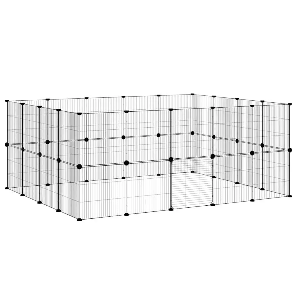 36-Panel Pet Cage with Door 175x140x70 cm Black Steel DIY Animal Enclosure