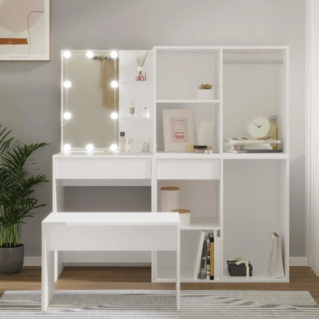 Dressing Table Set with LED Mirror White Bedroom Vanity Stool Storage Makeup