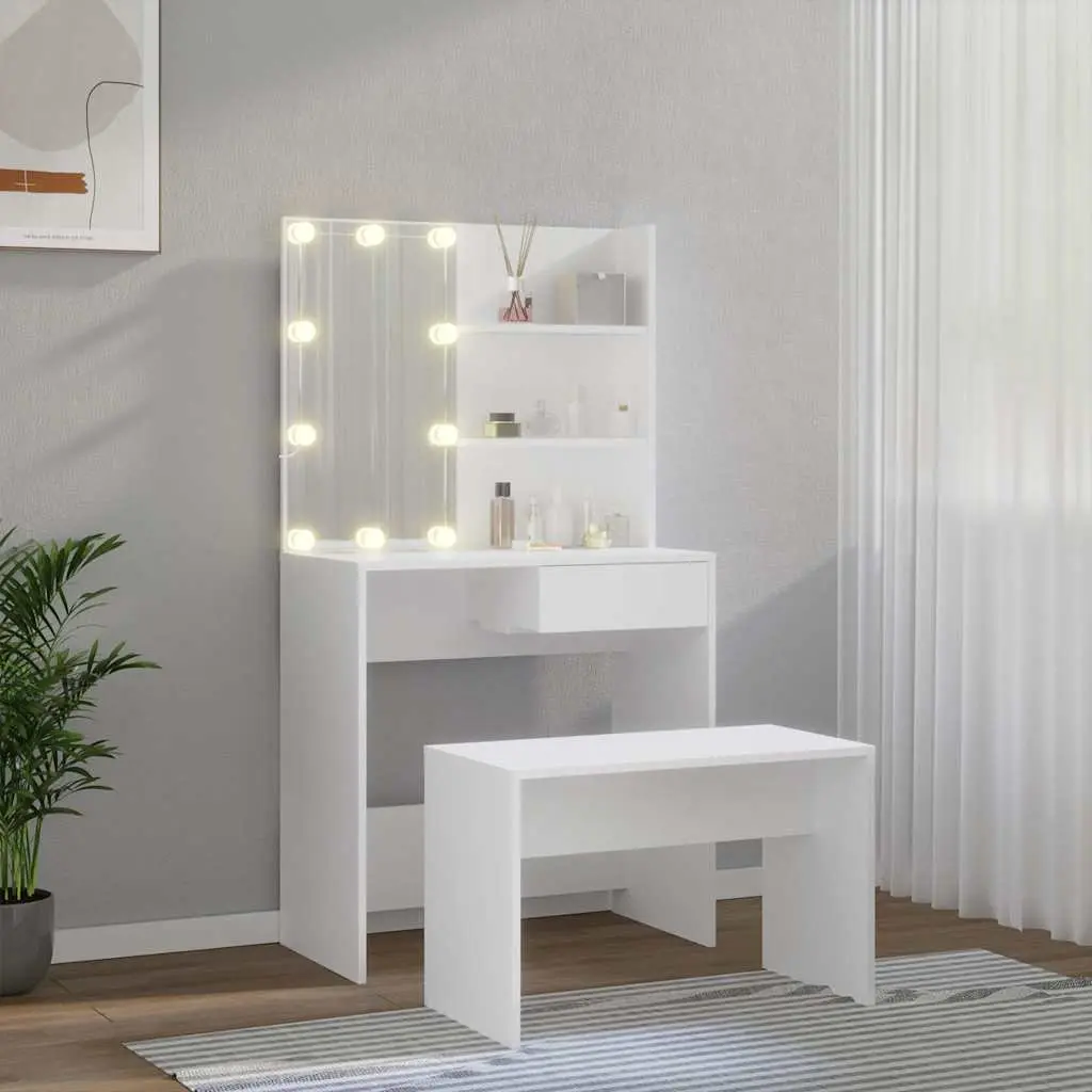 Dressing Table Set with LED Mirror White Bedroom Vanity Storage Stool Makeup