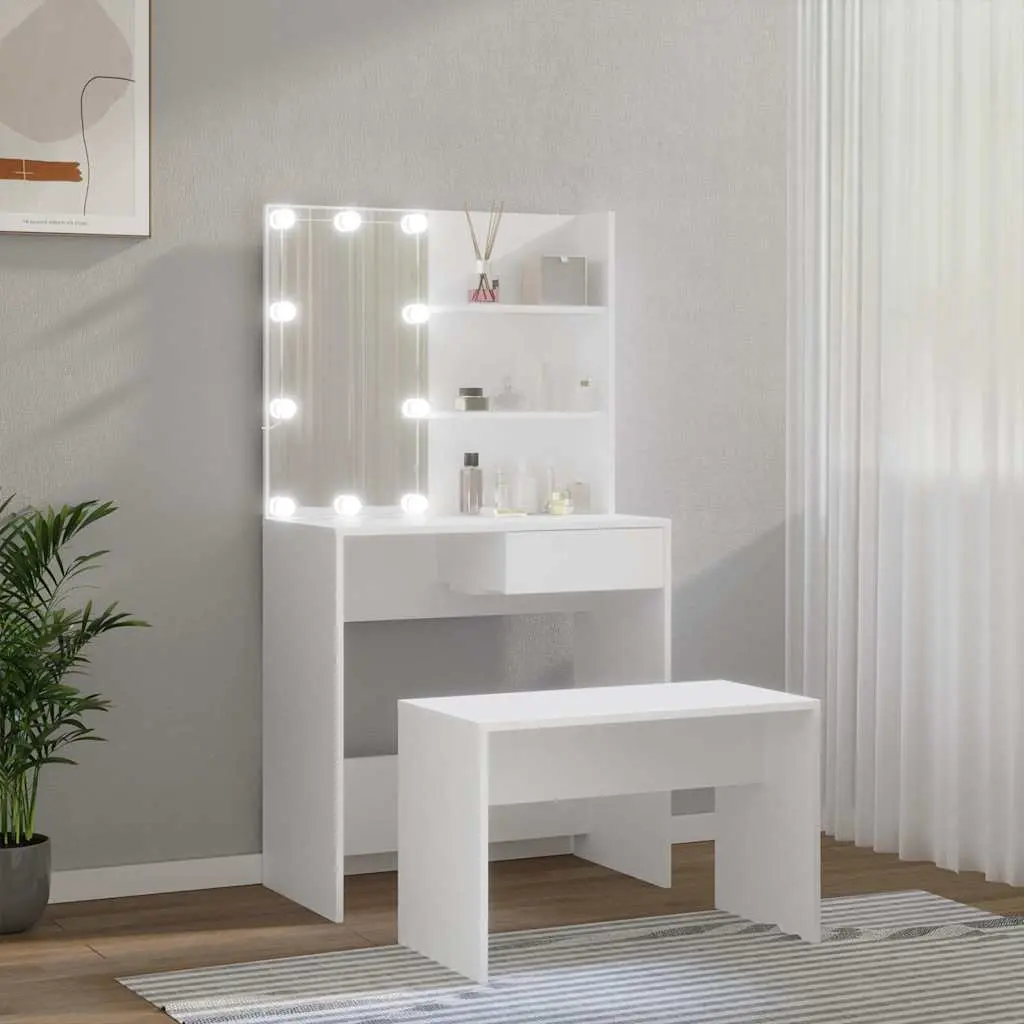 Dressing Table Set with LED Mirror White Bedroom Vanity Storage Stool Makeup