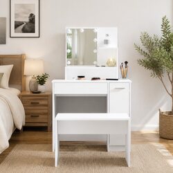 Dressing Table Set with LED Mirror White Bedroom Vanity Stool Storage Makeup