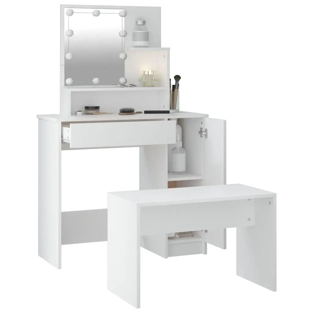 Dressing Table Set with LED Mirror White Bedroom Vanity Stool Storage Makeup