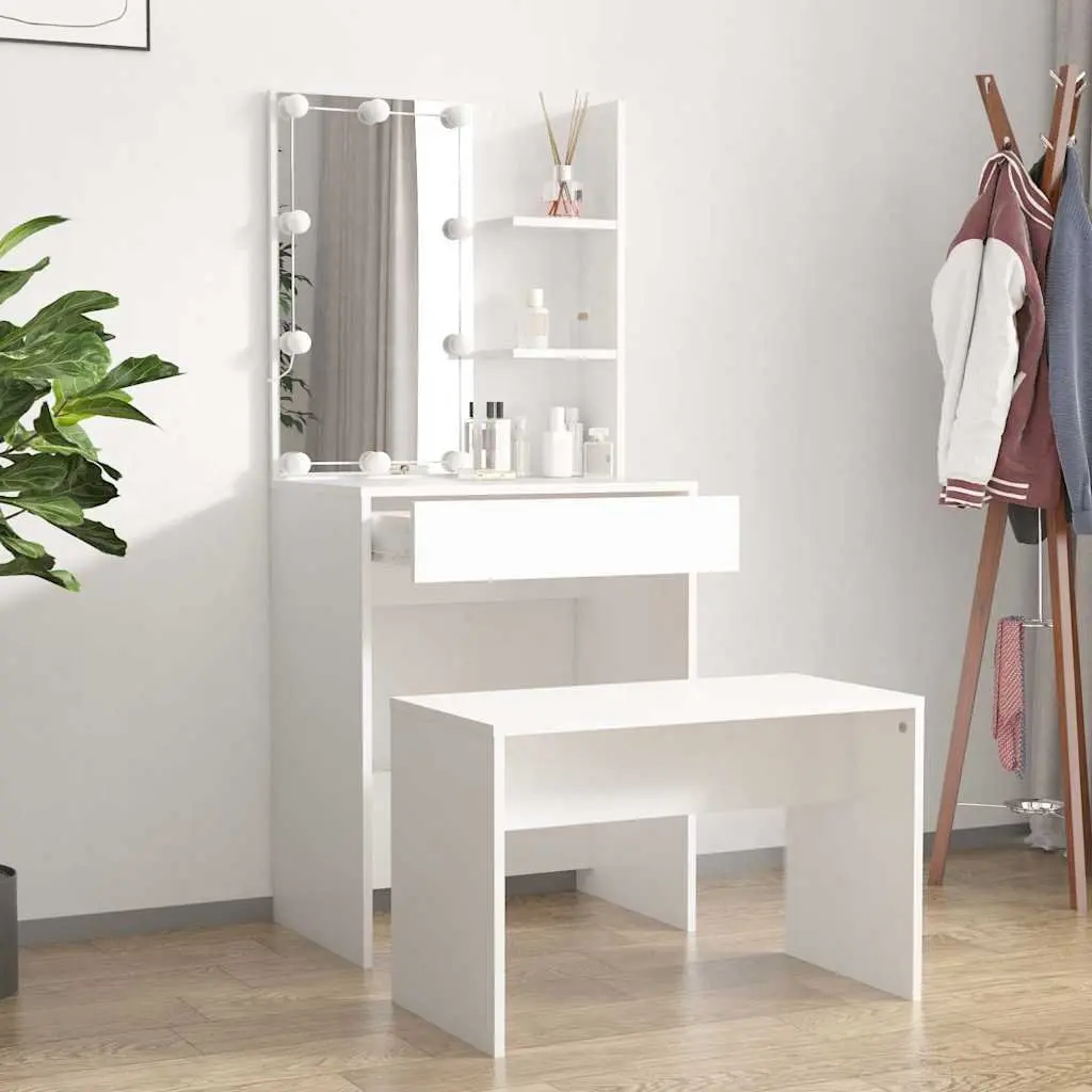 Dressing Table Set with LED Mirror White Bedroom Vanity Storage Stool Makeup