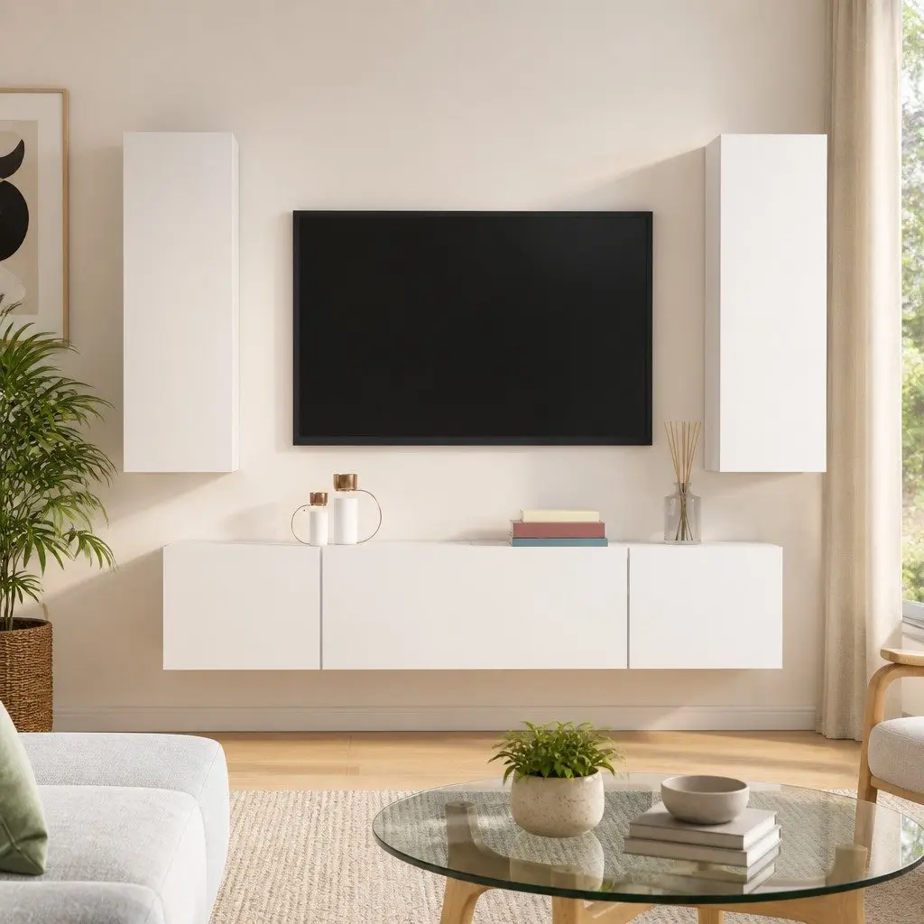 TV Cabinet Set for Living Room 4 Piece Wall-Mounted Storage Unit White Engineered Wood