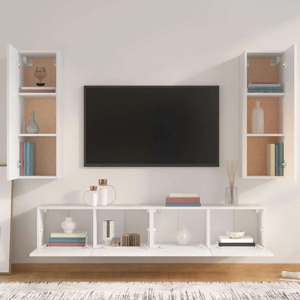 TV Cabinet Set for Living Room 4 Piece Wall-Mounted Storage Unit White Engineered Wood