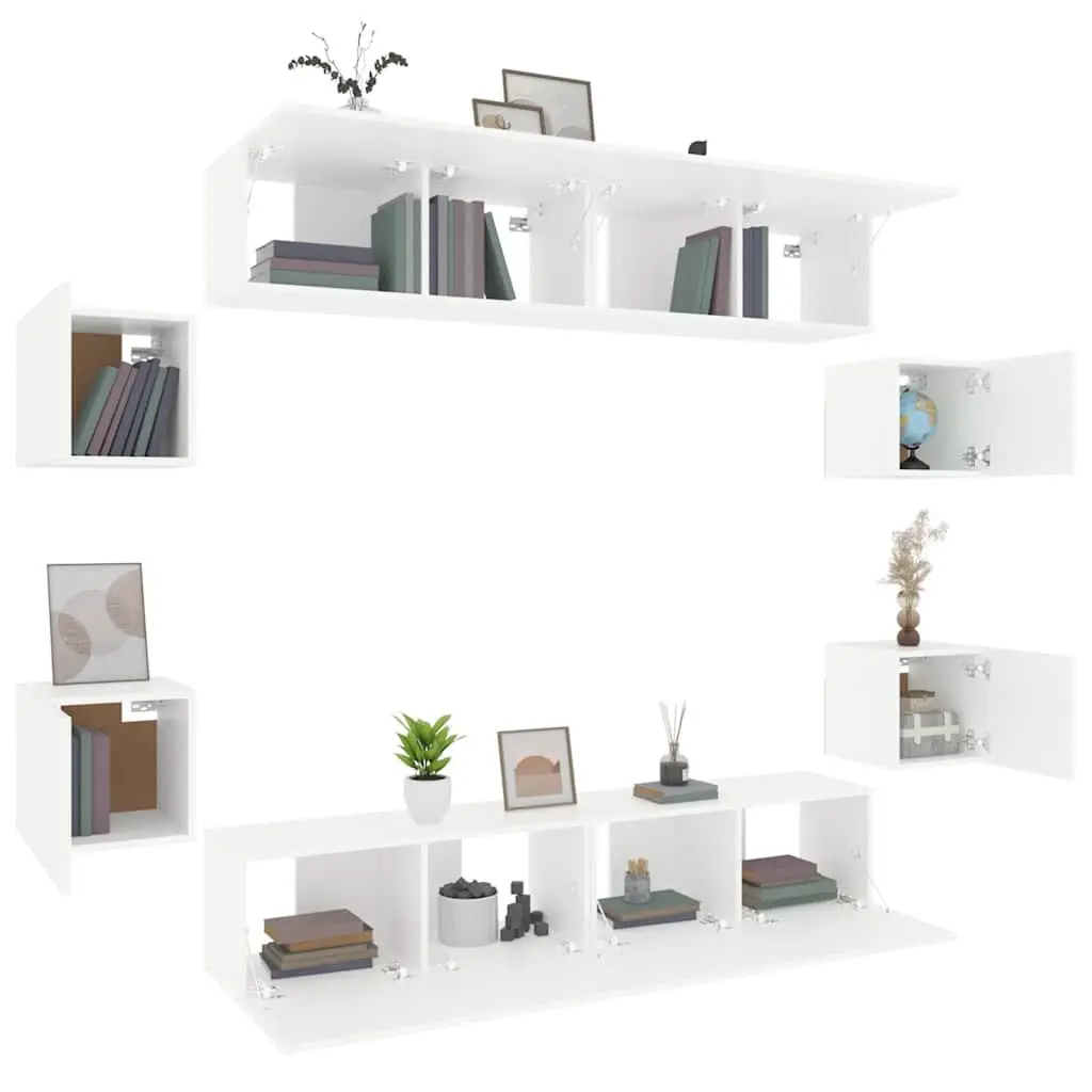8 Piece White Engineered Wood Wall-Mounted TV Cabinet Set for Living Room Storage