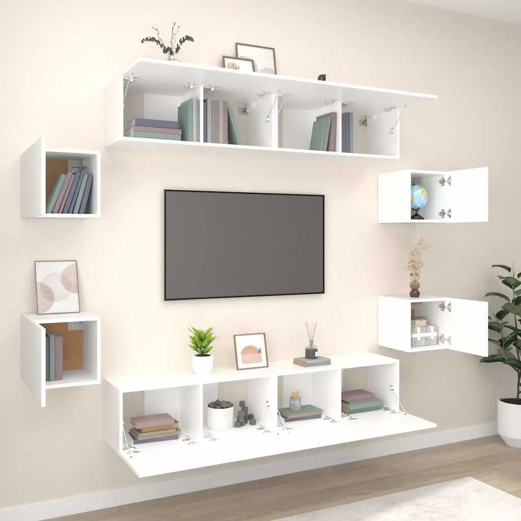 8 Piece White Engineered Wood Wall-Mounted TV Cabinet Set for Living Room Storage