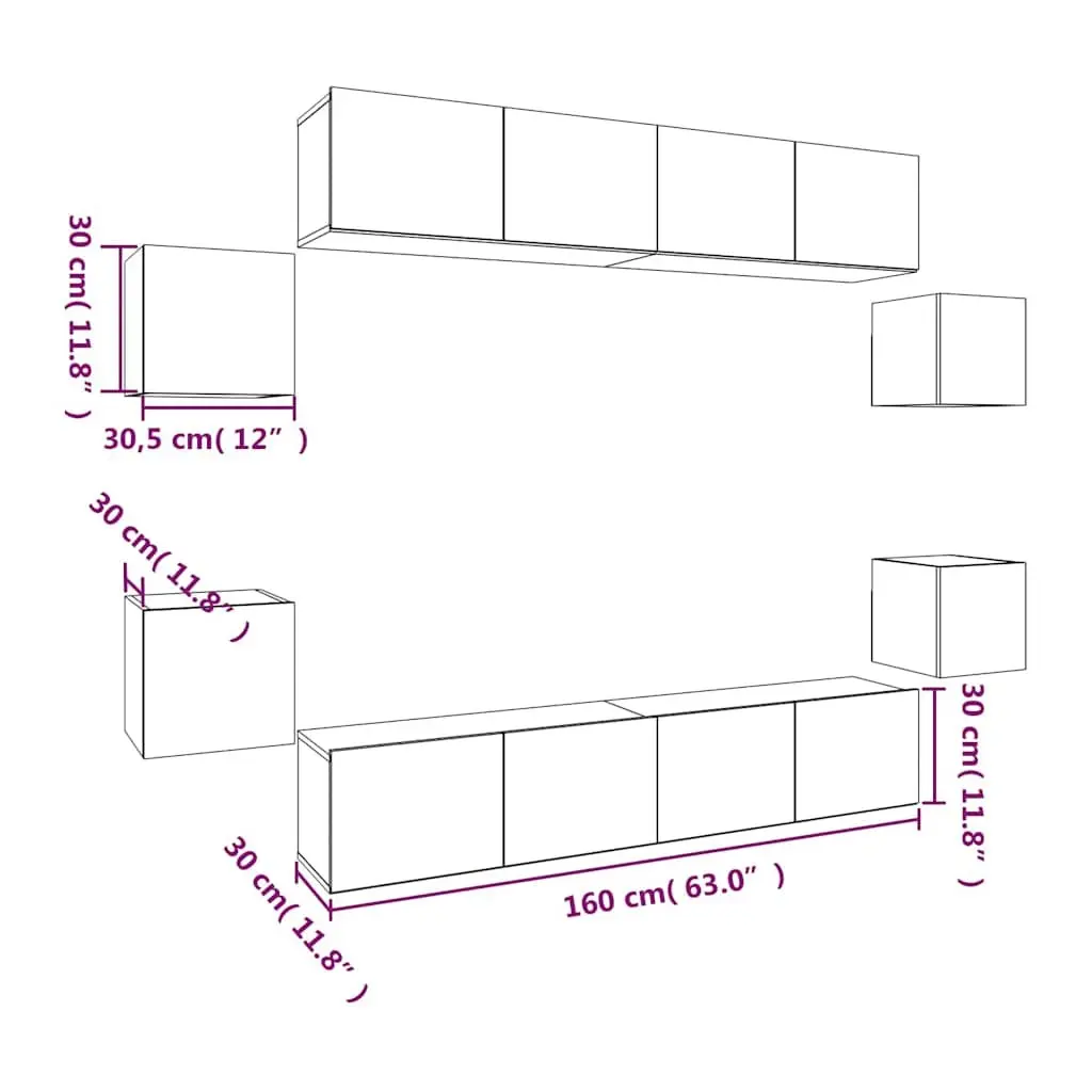 8 Piece White Engineered Wood Wall-Mounted TV Cabinet Set for Living Room Storage