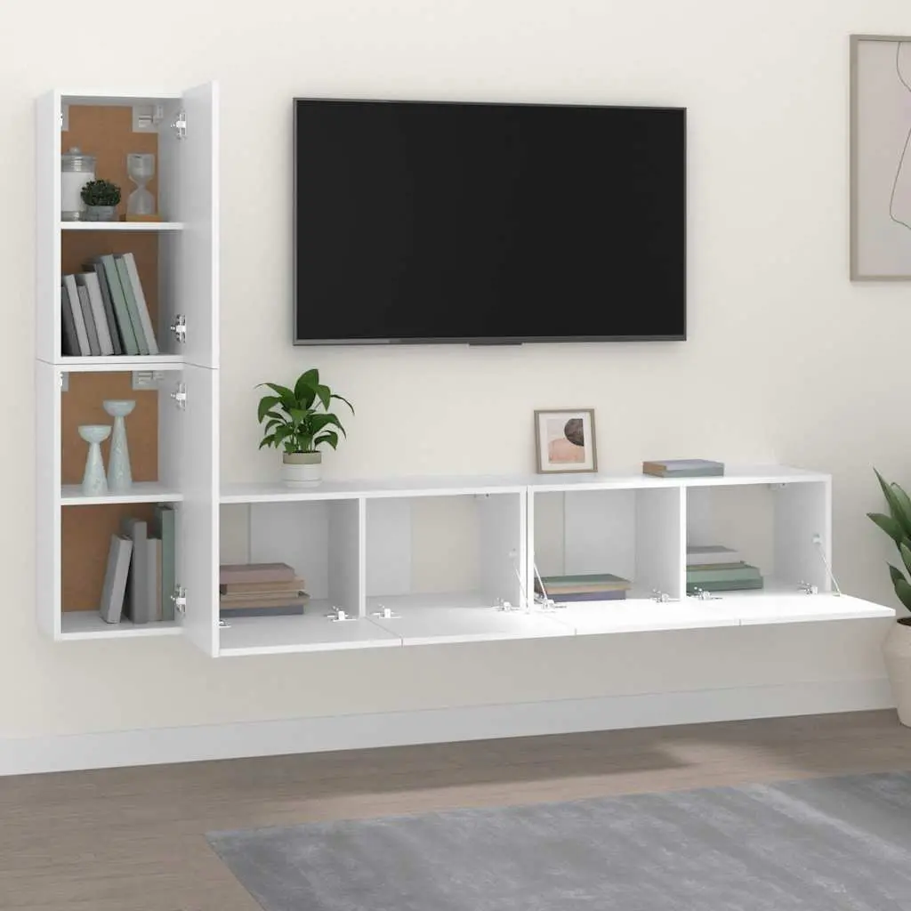 4 Piece White Wall Mounted TV Cabinet