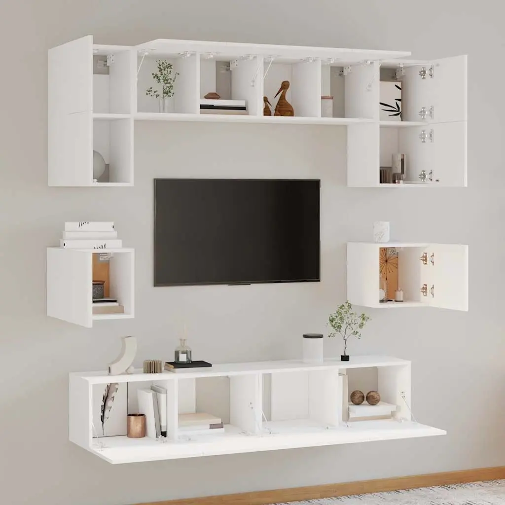 8 Piece Engineered Wood Wall-Mounted TV Storage Unit White for Living Room