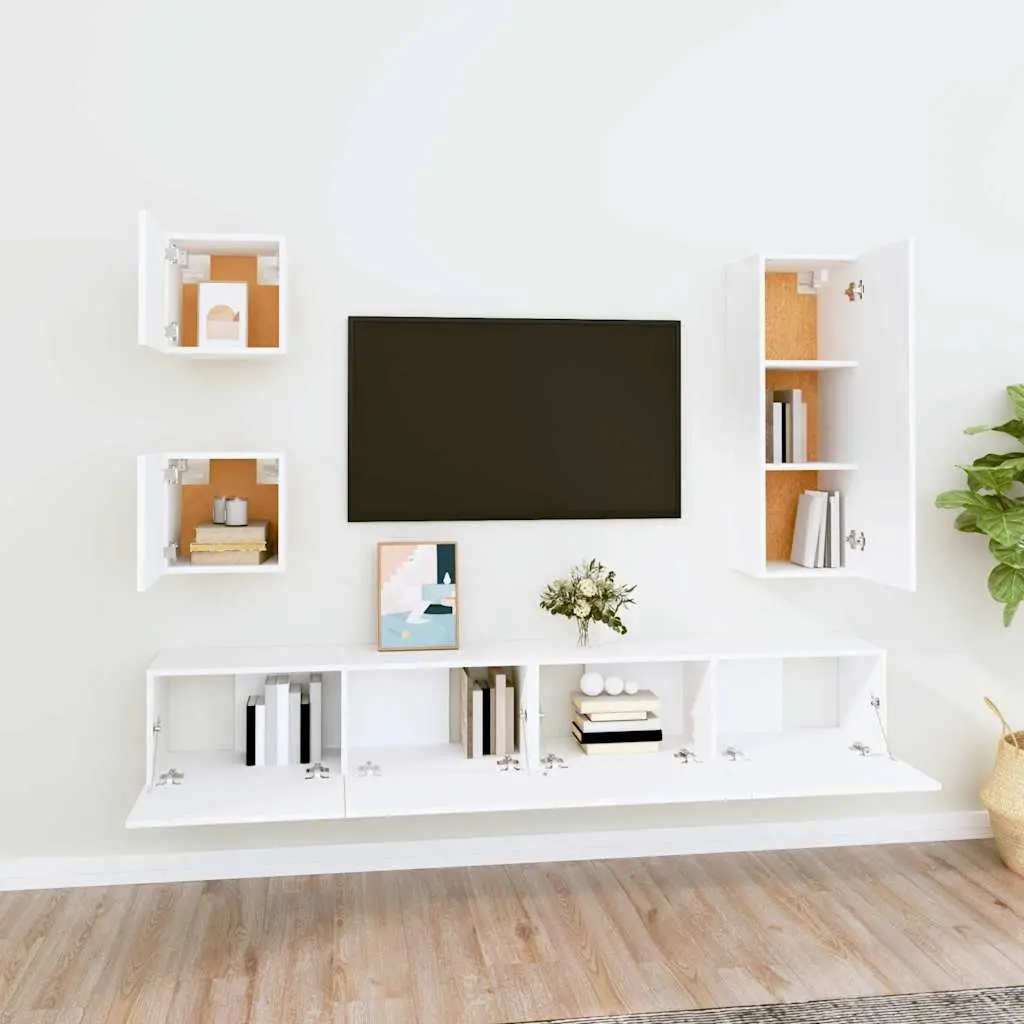 5 Piece TV Cabinet Set Wall Mounted Storage Unit White Engineered Wood