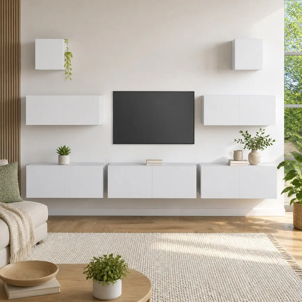 7 Piece Wall-Mounted Storage Unit for TV Engineered Wood White Living Room