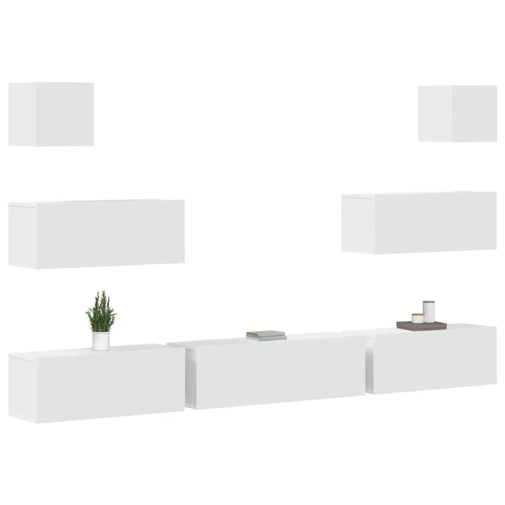 7 Piece Wall-Mounted Storage Unit for TV Engineered Wood White Living Room