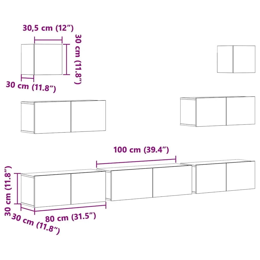 7 Piece Wall-Mounted Storage Unit for TV Engineered Wood White Living Room