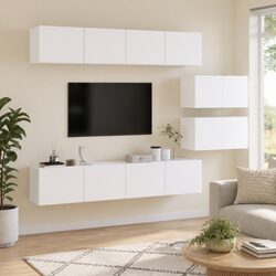 4 Piece White TV Cabinet Set - Engineered Wood Storage Solution