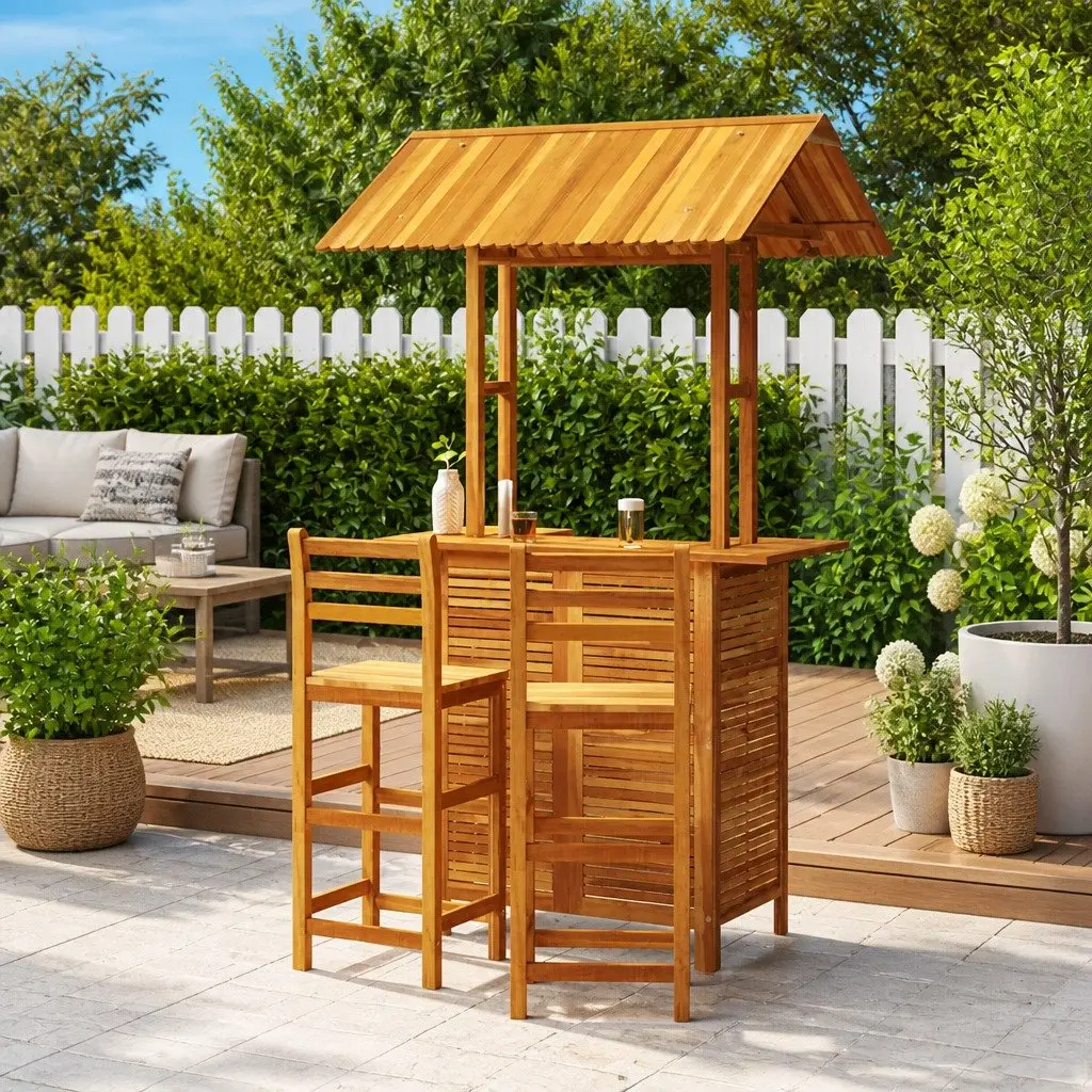 Garden Bar Set Outdoor Furniture Bistro Table with Rooftop and 2 Bar Stools Brown Wood