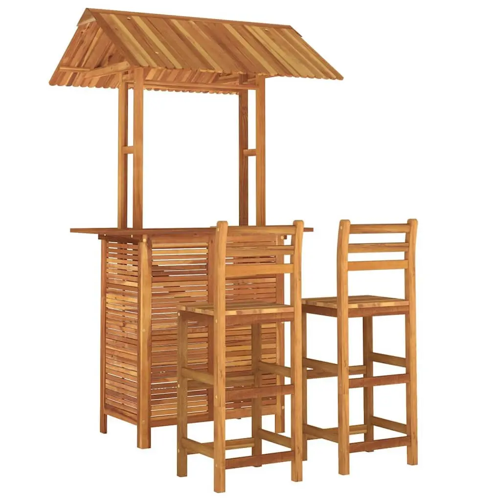 Garden Bar Set Outdoor Furniture Bistro Table with Rooftop and 2 Bar Stools Brown Wood