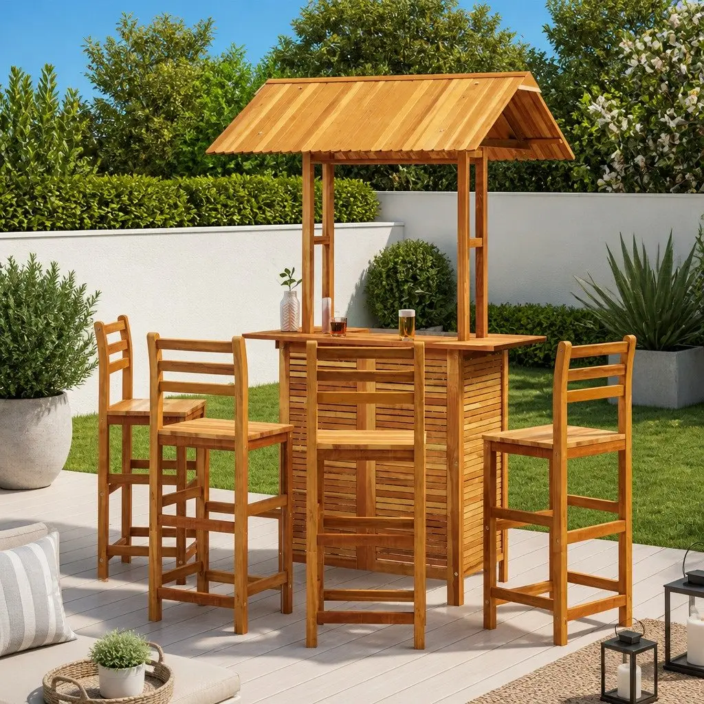5 Piece Outdoor Bistro Set with Rooftop Table and Bar Stools for Patio Garden Solid Acacia Wood Brown