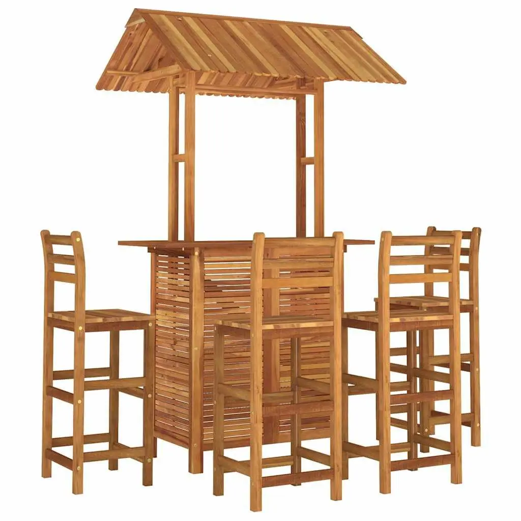 5 Piece Outdoor Bistro Set with Rooftop Table and Bar Stools for Patio Garden Solid Acacia Wood Brown