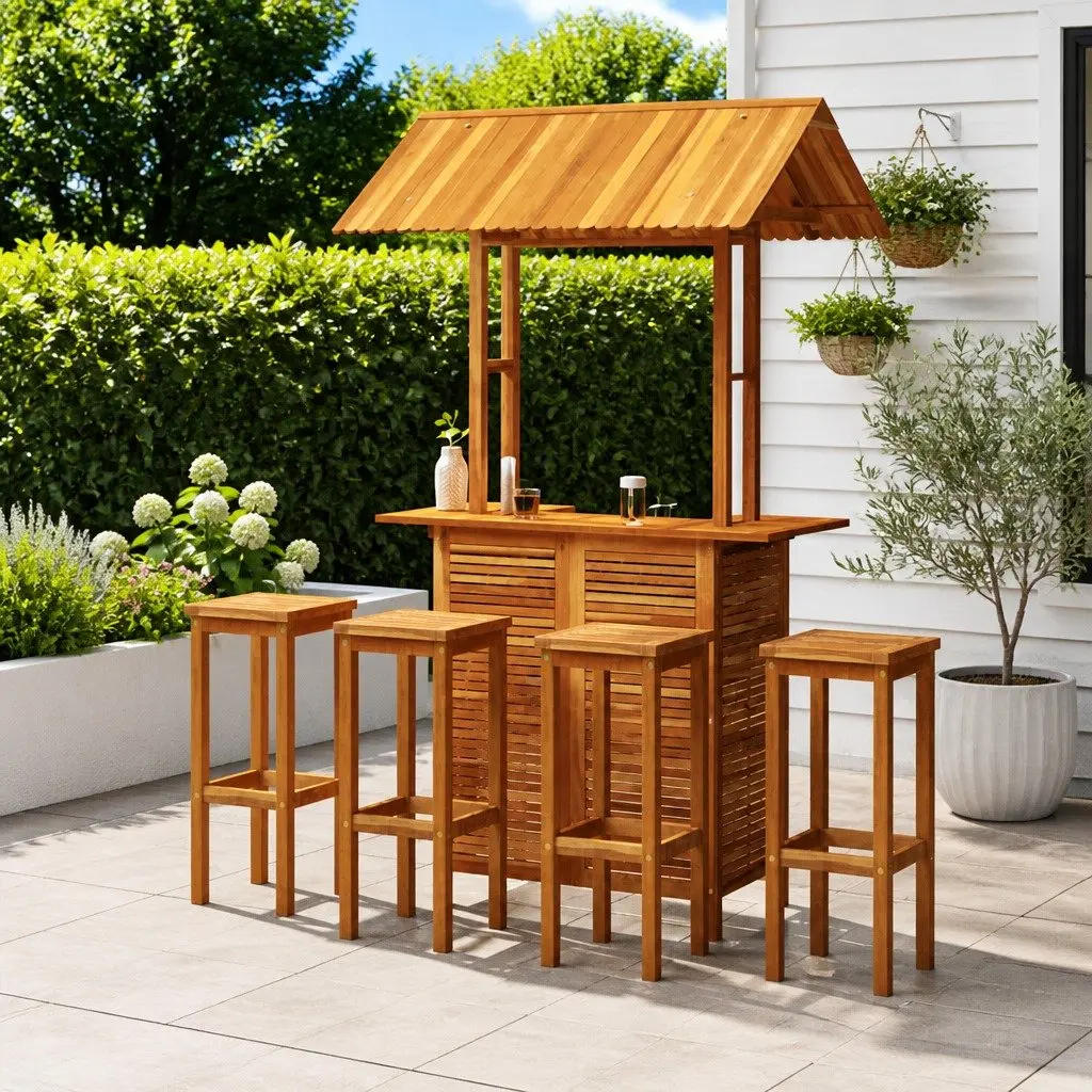 5 Piece Garden Bar Set Outdoor Use Solid Acacia Wood Bistro Table and Bar Stools