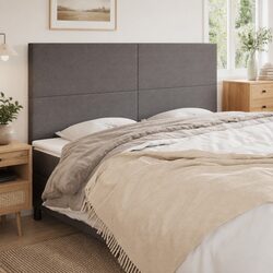 Grey Fabric Headboard with Dimensions and Features Listed