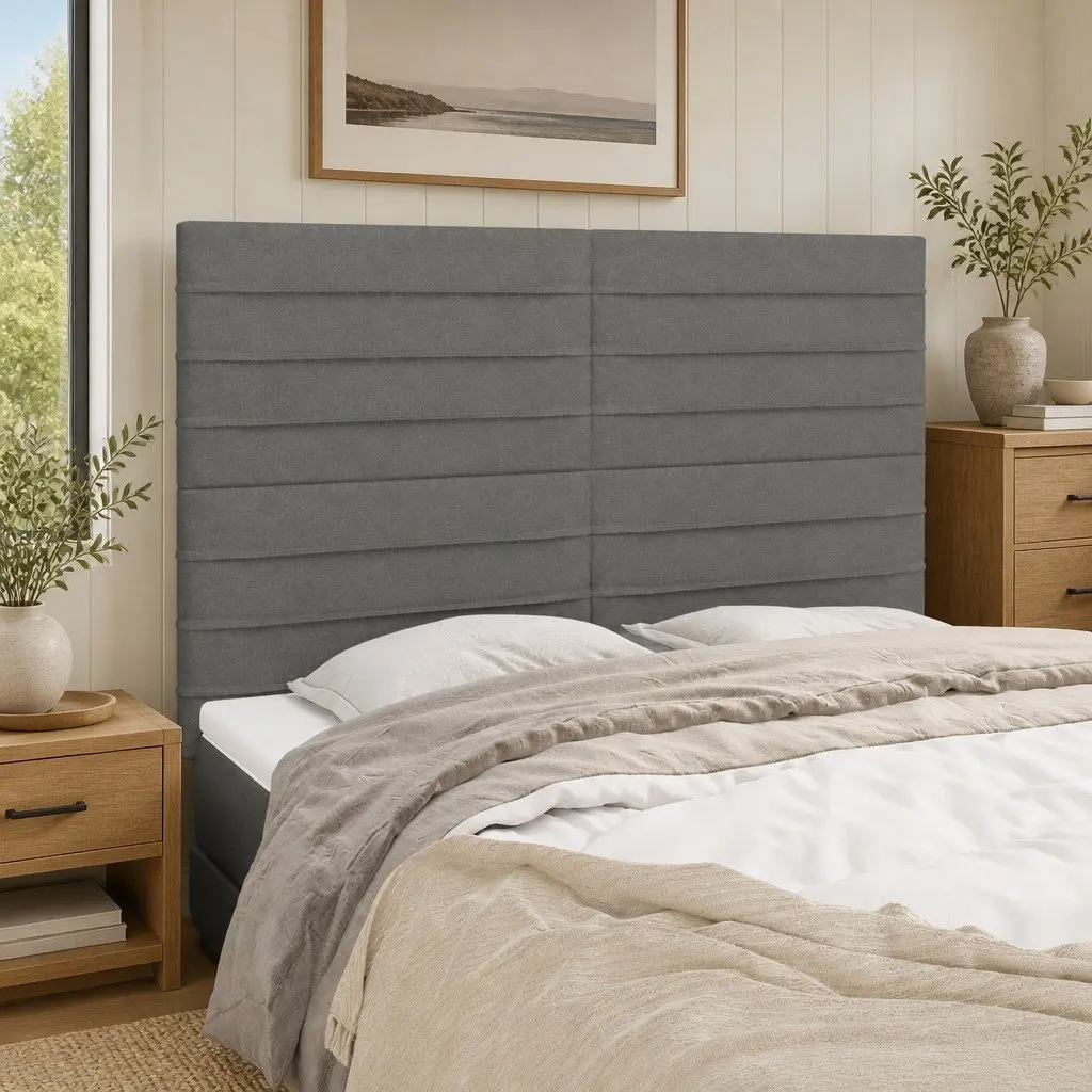 Dark Grey Fabric Bed Head with Wooden Legs
