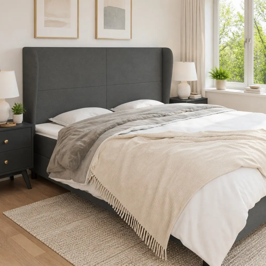 Headboard with Ears Bedroom Dark Grey 203cm Fabric Bed Head Support