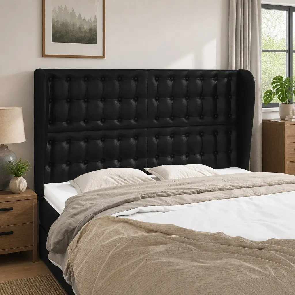 Black Faux Leather Headboard with Ears