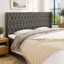 Grey Fabric Bed Headboard with Ears - Specifications Included