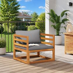 Solid Acacia Wood Garden Chair with Grey Cushions Included