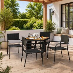 5 Piece Outdoor Dining Set: Black Rattan & Acacia Table