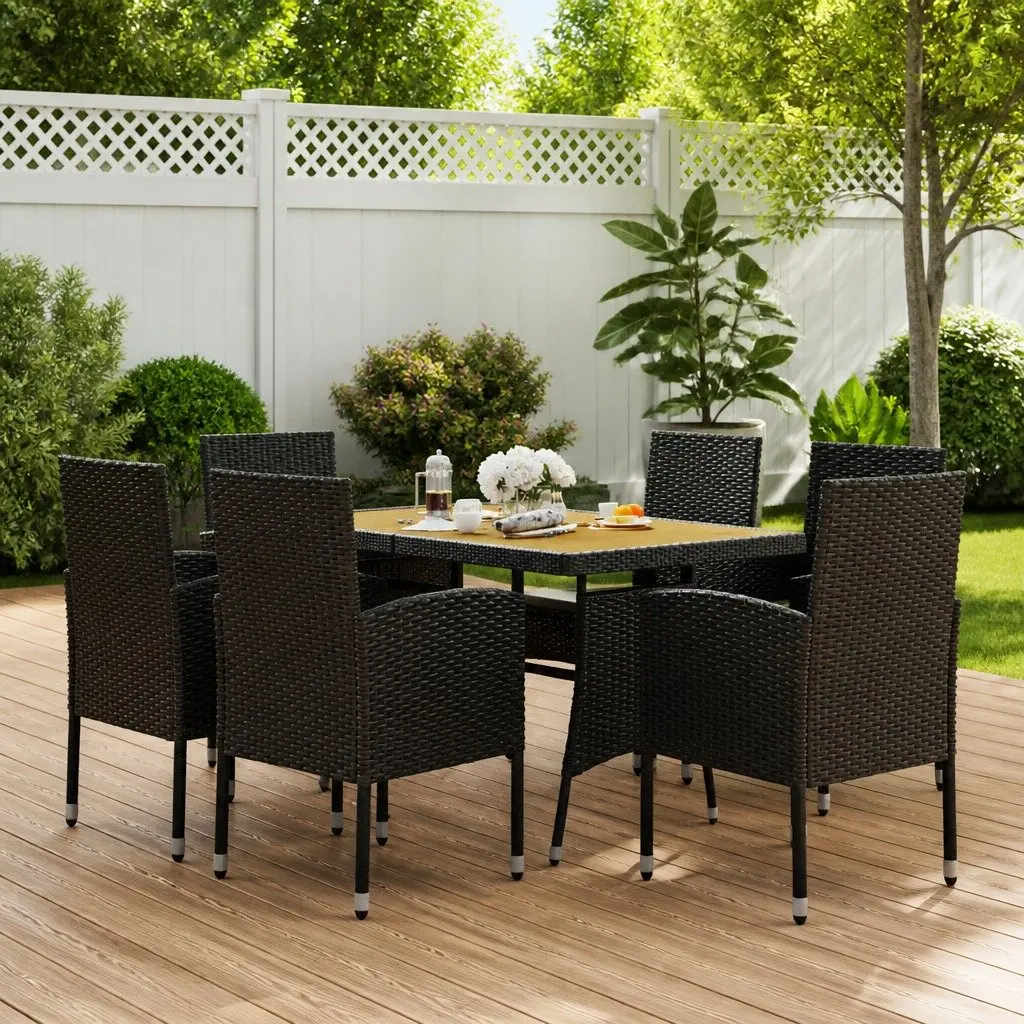 7 Piece Dining Set Outdoor Patio Use Black Steel Frame Acacia Wood Table and Rattan Chairs