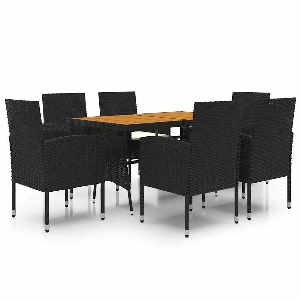 7 Piece Dining Set Outdoor Patio Use Black Steel Frame Acacia Wood Table and Rattan Chairs