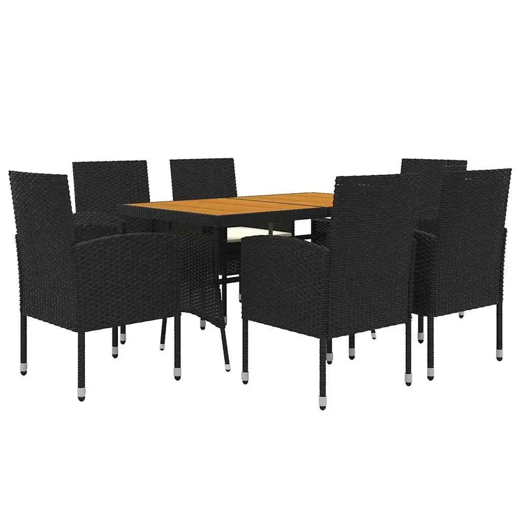 7 Piece Dining Set Outdoor Patio Use Black Steel Frame Acacia Wood Table and Rattan Chairs
