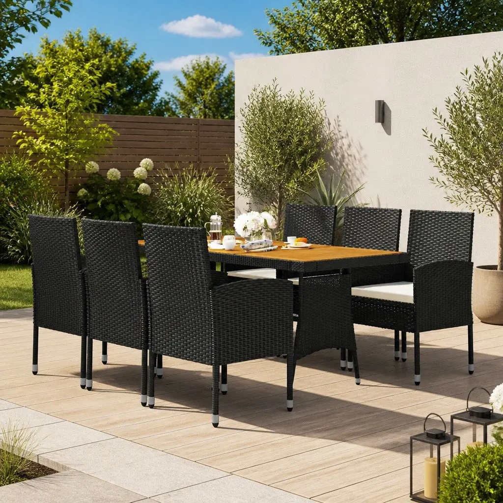 7 Piece Outdoor Dining Set Patio Garden Furniture Black PE Rattan Table and Chairs