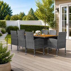 9 Piece Outdoor Dining Set with Dimensions and Materials Listed