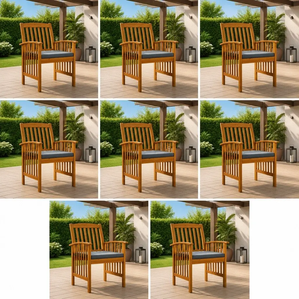 Outdoor Dining Chairs 8 Piece Set for Patio Garden Solid Wood Acacia with Grey Cushions
